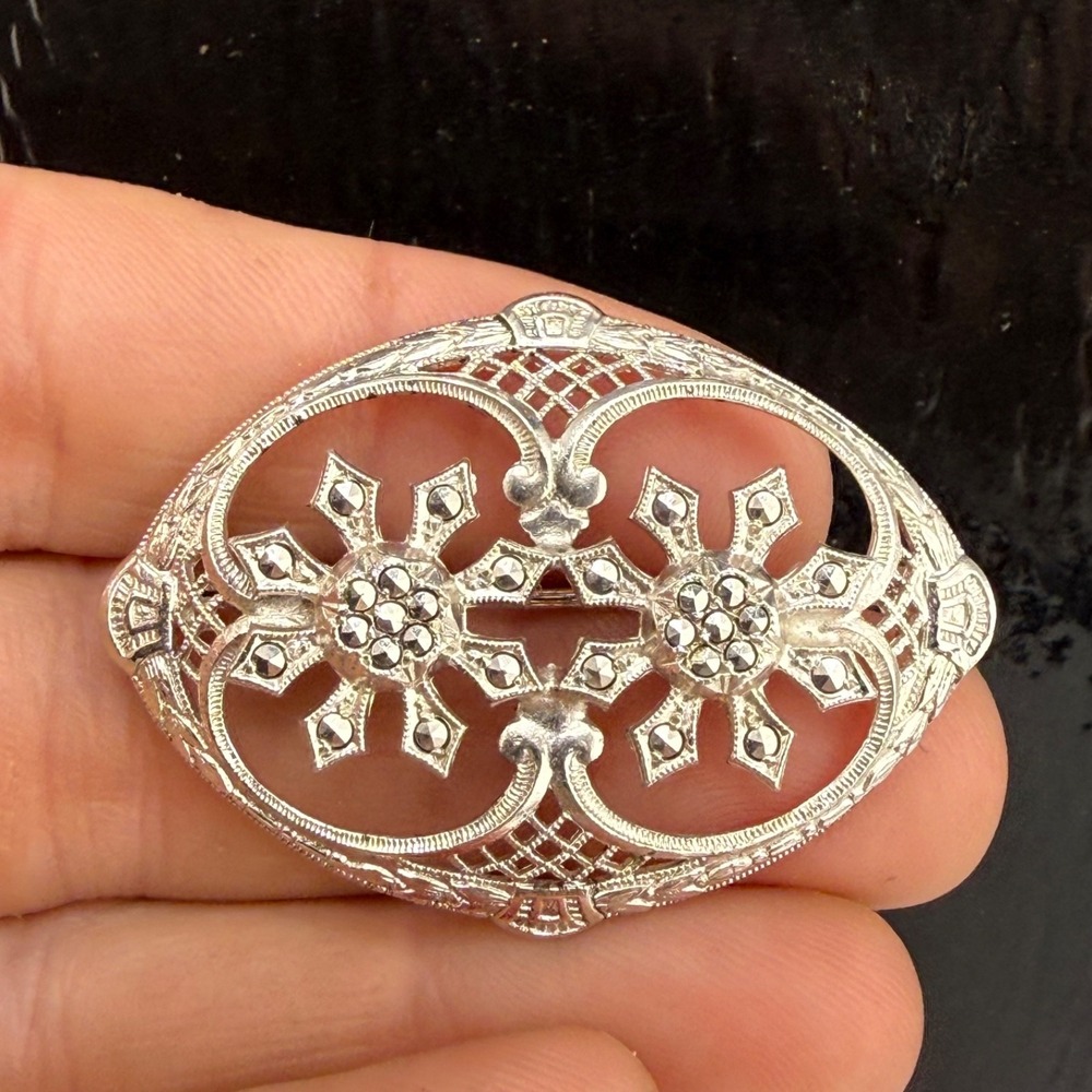 Vintage Sterling Silver Rhinestone Brooch Art Deco